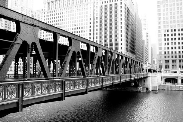 Wells Street Bridge Over Chicago River Black and White Photo Photograph Cool Wall Decor Art Print Poster 36x24