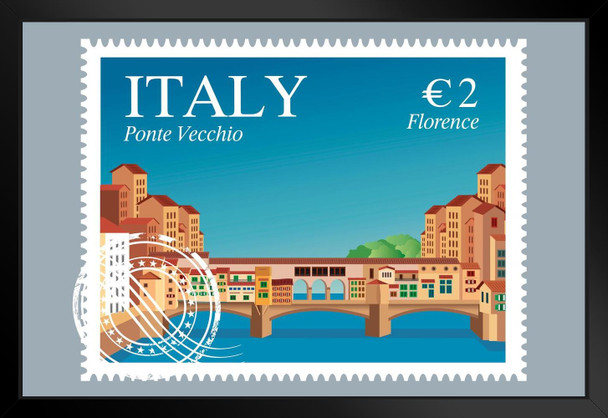 Italy Ponte Vecchio Travel Stamp Art Print Black Wood Framed Poster 20x14