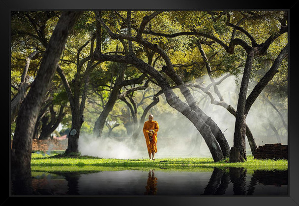 The Morning Walk Buddhist Monk Praying Walking Photo Black Wood Framed Art Poster 20x14