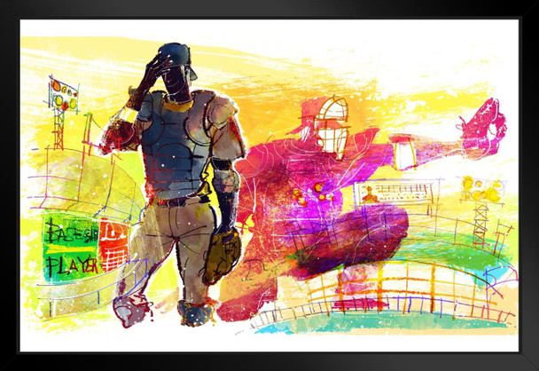 Baseball Catcher And Pitcher In Stadium Illustration Art Print Black Wood Framed Poster 20x14