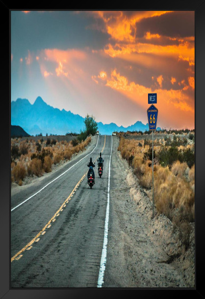 Biker Riding Motorcycle Sunset on Route 66 Photo Photograph Beach Palm Landscape Picture Ocean Scenic Tropical Nature Photography Paradise Highway Black Wood Framed Art Poster 14x20