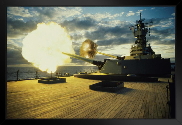 Guns Firing From the USS Iowa Photo Art Print Black Wood Framed Poster 20x14