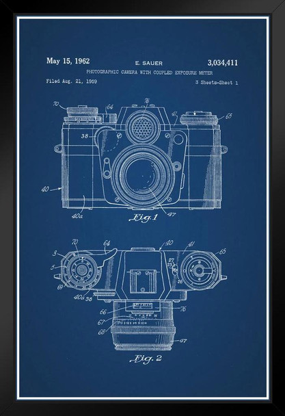 Sauer Vintage Camera 1962 Official Patent Blueprint Black Wood Framed Art Poster 14x20