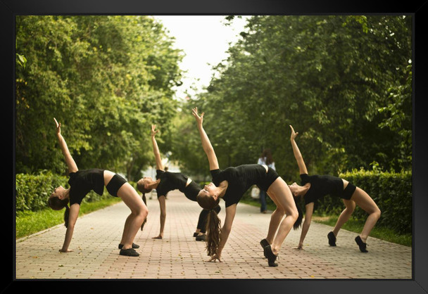 Four Young Ballet Dancers Exercising in Park Photo Art Print Black Wood Framed Poster 20x14