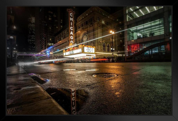 Chicago Theatre at Night Reflection Photo Art Print Black Wood Framed Poster 20x14