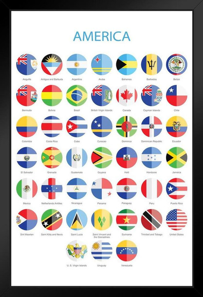 Flags of North Central and South America Country World Classroom Reference Educational Teacher Learning Homeschool Chart Display Supplies Teaching Aide Black Wood Framed Art Poster 14x20