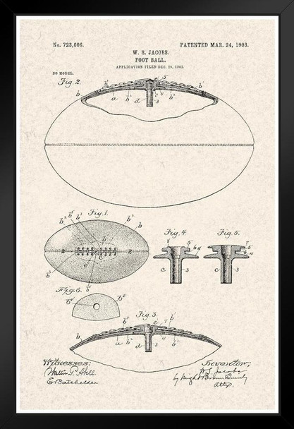 Football With Laces Official Patent Diagram Black Wood Framed Poster 14x20