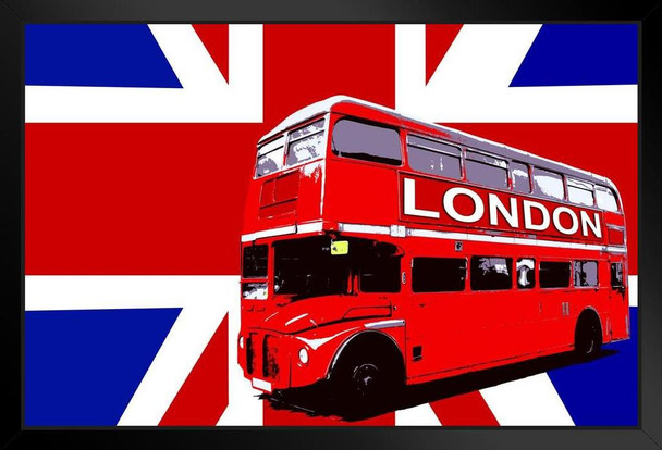 UK United Kingdom Flag With London Bus British Culture Art Print Black Wood Framed Poster 14x20