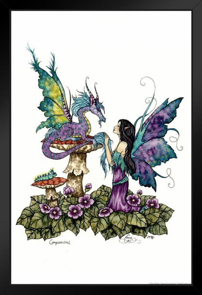Companions Fairy And Dragon Friends by Amy Brown Fantasy Poster Colorful Flower Nature Wings Black Wood Framed Art Poster 14x20