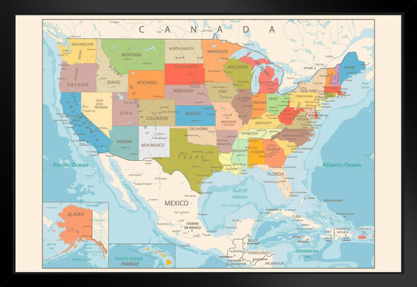 Retro Color Political Map of United States USA Photo Art Print Black Wood Framed Poster 20x14