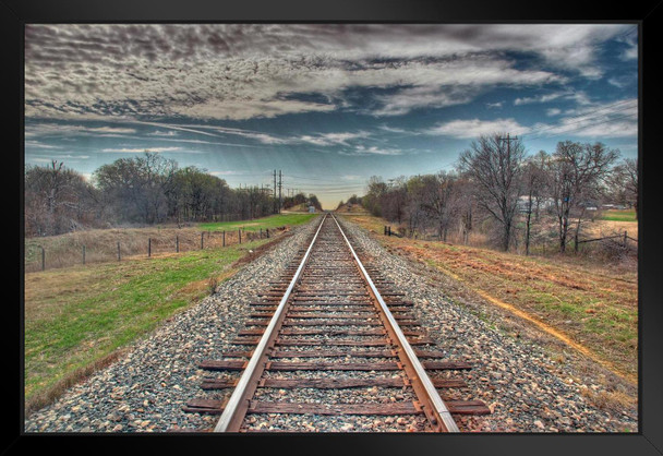 Empty Railroad Tracks Under a Texas Sky Photo Black Wood Framed Art Poster 20x14