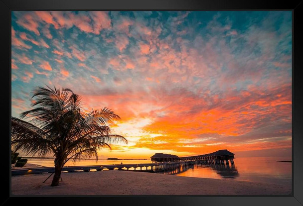 Beautiful Sunset at a Maldives Beach Photo Art Print Black Wood Framed Poster 20x14