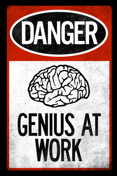 Warning Danger Genius At Work Red Black Textured Cool Wall Art Print Poster 12x18