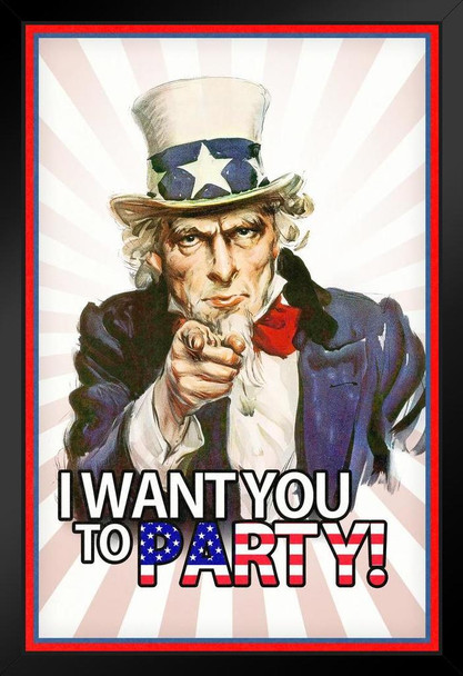 I Want You To Party Uncle Sam Funny Black Wood Framed Art Poster 14x20