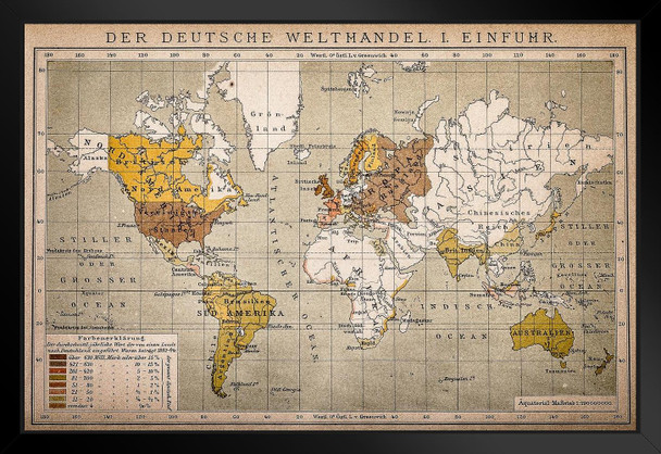 German World Trade Import Antique Style Map Travel World Map with Cities in Detail Map Posters for Wall Map Art Wall Decor Geographical Illustration Travel Black Wood Framed Art Poster 20x14