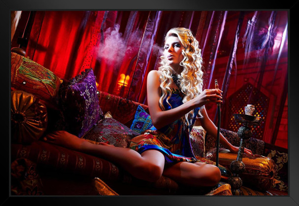 Beautiful Blonde Hookah Girl Smoking in Lounge Photo Art Print Black Wood Framed Poster 20x14