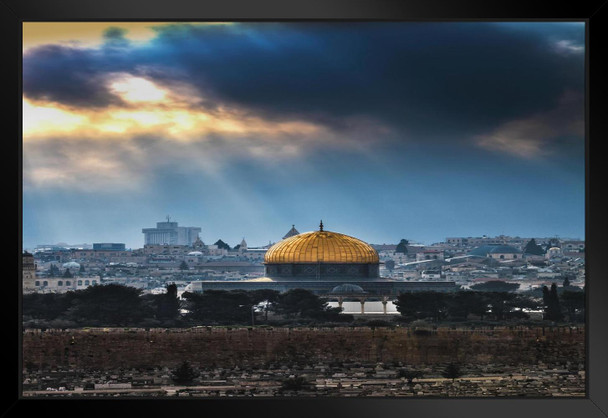 Old City of Jerusalem Skyline Dome of the Rock Photo Art Print Black Wood Framed Poster 20x14