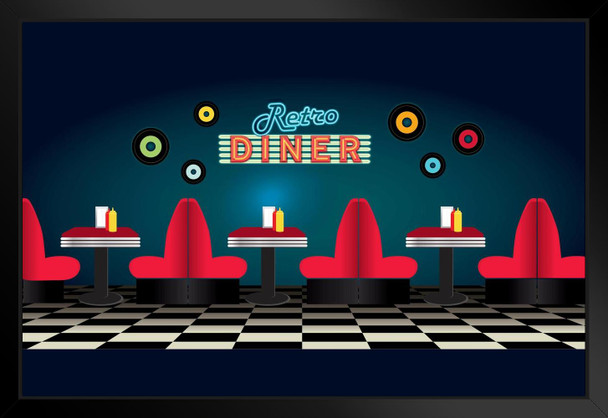 Retro Diner Restaurant Scene Inside Seating Booths Vintage Retro Checkerboard Neon Sign Classic Diner Design Black Wood Framed Art Poster 20x14