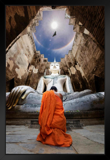 Status Stable Respectation Buddhist Monk Praying Photo Art Print Black Wood Framed Poster 14x20