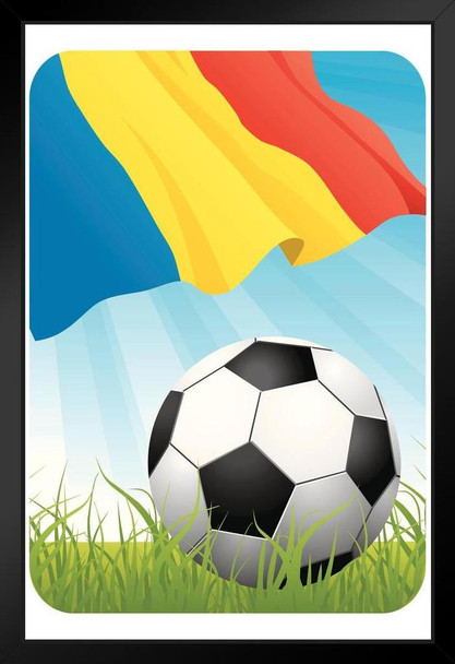 Romania Soccer Ball and Flag Sports Black Wood Framed Poster 14x20