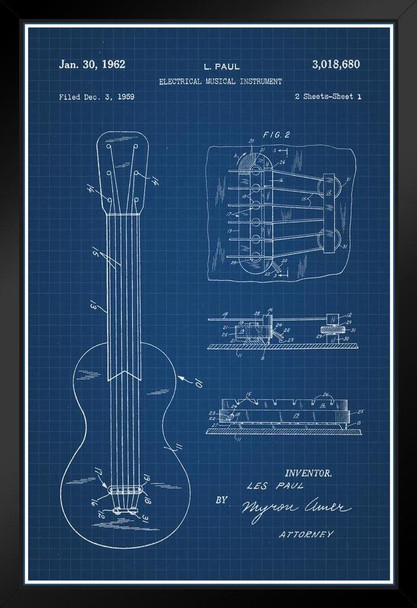 Les Paul Electric Guitar Pickup Sketch Official Patent Blueprint Black Wood Framed Poster 14x20