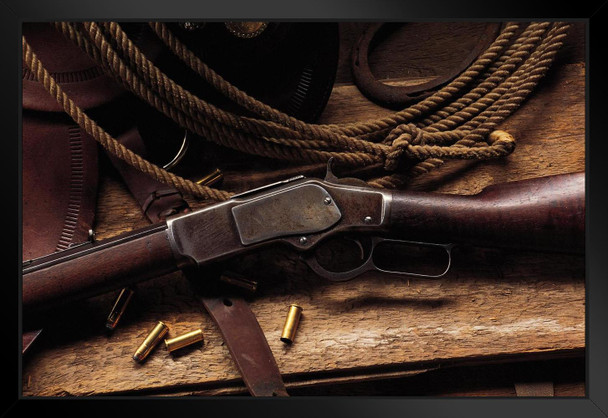 Wild West Rifle and Ammunition with Lasso Photo Art Print Black Wood Framed Poster 20x14