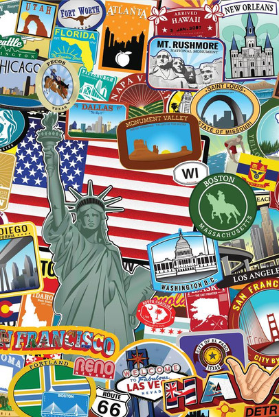 Americana Sticker Collage Travel Landmarks Sightseeing State Flag Patriotic Posters American Flag Poster Of Flags For Wall Flags Poster US Cool Wall Decor Art Print Poster 24x36
