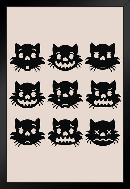 Emotions of Kitty Black Skull Halloween Fantasy Cat Poster Funny Wall Posters Kitten Posters for Wall Funny Cat Poster Emo Cat Poster Dark Cartoon Black Wood Framed Art Poster 14x20
