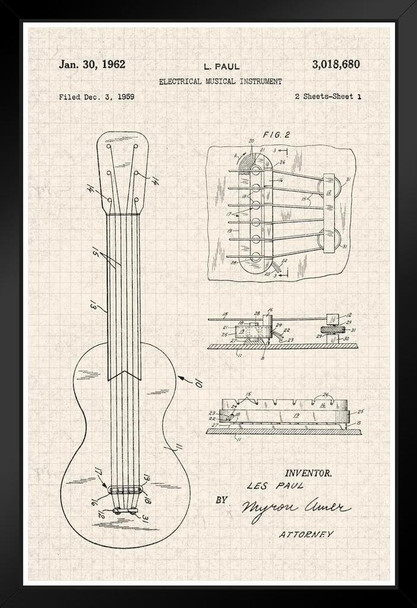 Les Paul Electric Guitar Pickup Sketch Official Patent Diagram Black Wood Framed Poster 14x20