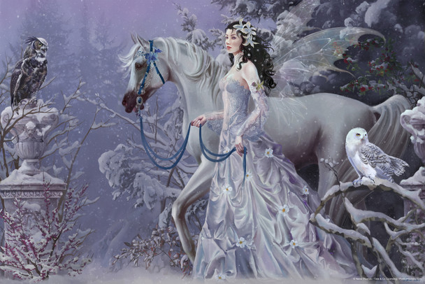 Winter Wings Fairy With Horse by Nene Thomas Fantasy Poster Owls In Snowy Forest Nature Magical Cool Wall Art Print Poster 12x18