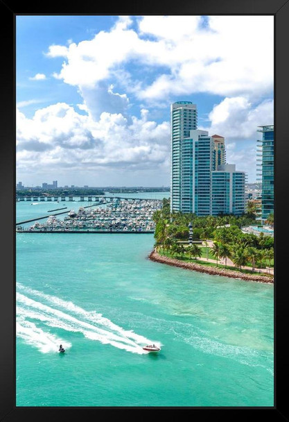 South Beach Miami From Sea with South Pointe Park Florida Photo Art Print Black Wood Framed Poster 14x20