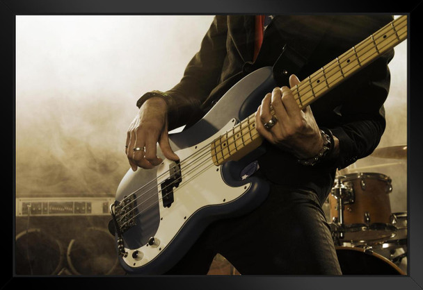 Musician Playing Bass Guitar at Live Event Photo Art Print Black Wood Framed Poster 20x14