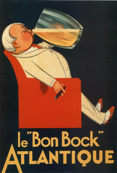 Le Bon Bock Atlantique Vintage French Good Beer Liquor Mug Advertisement France Brewery Liquor Ad Drinking Cigar Cool Wall Decor Art Print Poster 24x36