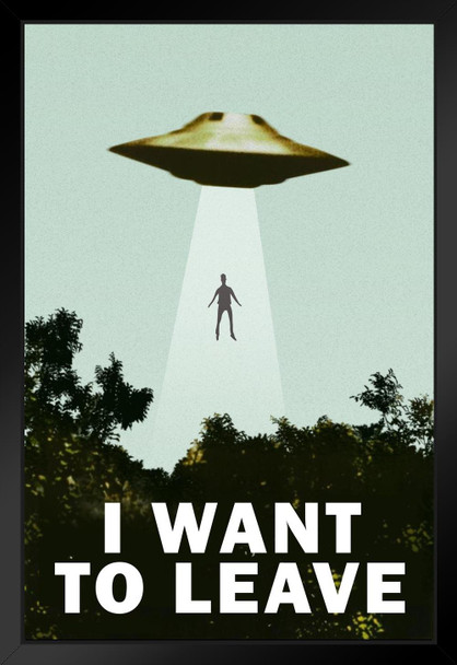 I Want To Leave UFO Alien Abduction Funny TV Parody Poster Want To Believe Show Scifi Fantasy Black Wood Framed Art Poster 14x20