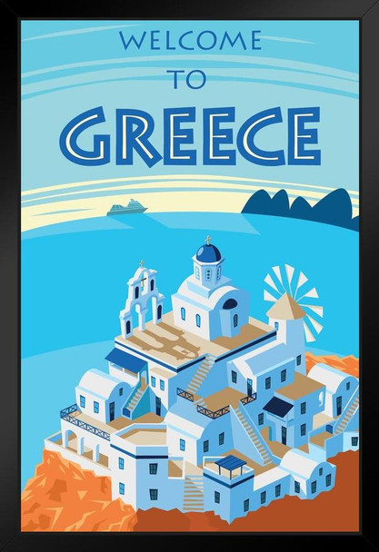 Welcome To Greece Retro Travel Art Black Wood Framed Poster 14x20