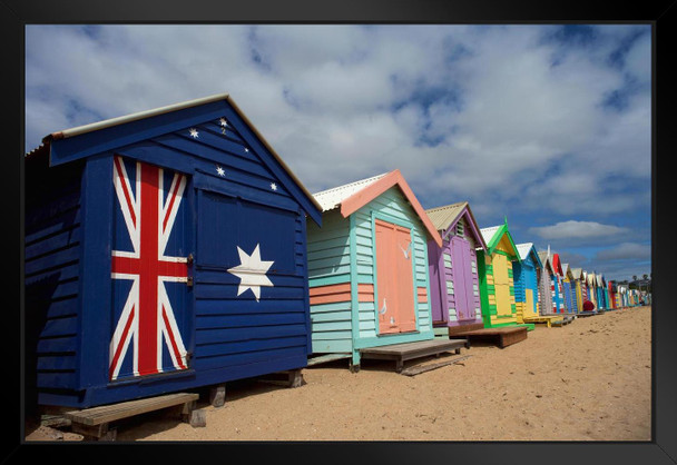 Painted Bathing Boxes in a Row Brighton Beach South Australia Photo Art Print Black Wood Framed Poster 20x14