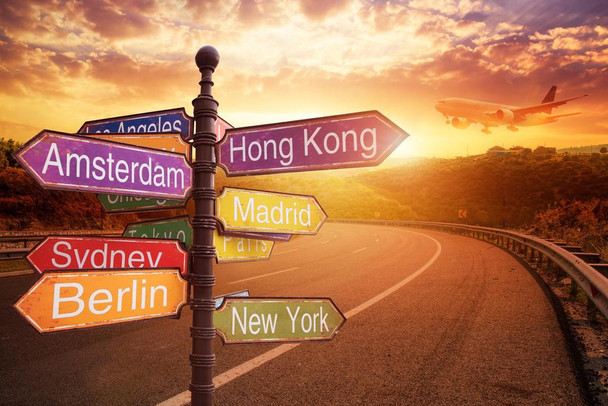 Cities Around the World Roadside Sign Open Road Direction Pole Photo Photograph Cool Wall Decor Art Print Poster 36x24