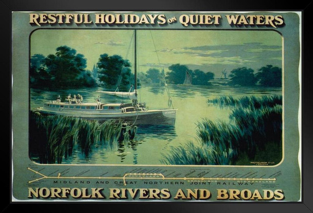 Norfolk Rivers And Broads England Vintage Illustration Travel Art Deco Vintage French Wall Art Nouveau 1920 French Advertising Vintage Prints Black Wood Framed Art Poster 14x20