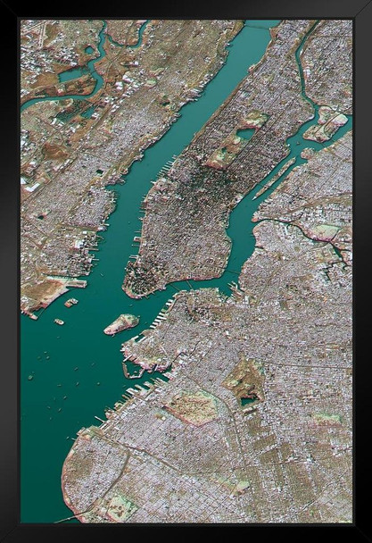 New York City Satellite View Topographic Map Landscape Photo Black Wood Framed Art Poster 14x20