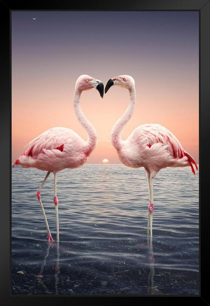 Pink Flamingoes Standing Face to Face Love Flamingo Prints Flamingo Wall Decor Beach Theme Bathroom Decor Wildlife Print Pink Flamingo Bird Exotic Beach Poster Black Wood Framed Art Poster 14x20