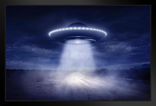 Alien Spaceship UFO Landing on Rural Road Fantasy Photo Poster Aliens Invading Earth Believe Scifi Black Wood Framed Art Poster 20x14