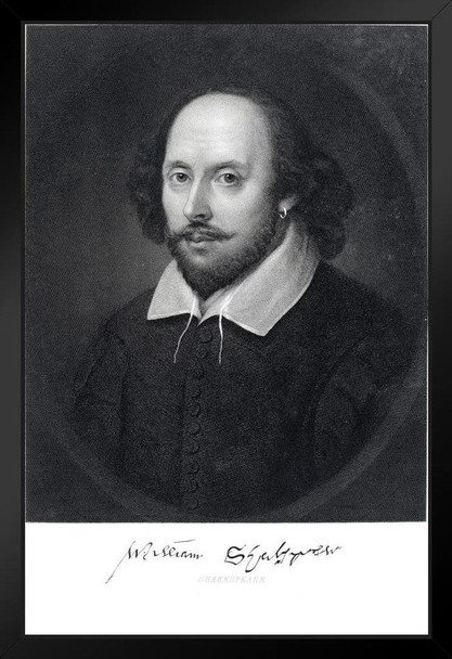 William Shakespeare Engraving Portrait Poster 1870 Famous Will Author Playwright Writer Photo Picture Black Wood Framed Art Poster 14x20