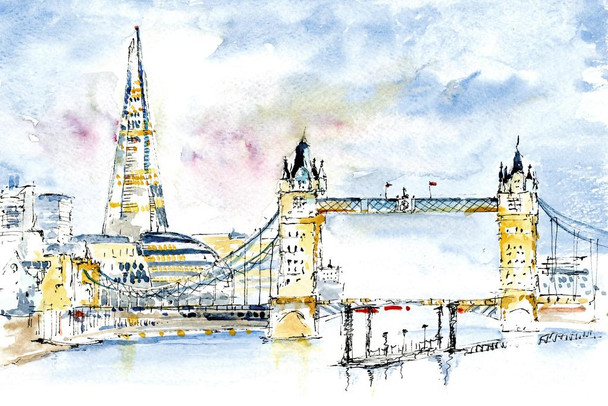 London England Shard Tower Bridge Tower Hall British Britain UK Illustration Cool Wall Decor Art Print Poster 36x24