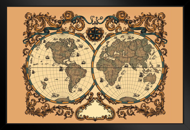 Ornate World Renaissance Period Vintage Antique Style Map Travel World Map Posters for Wall Map Art Wall Decor Geographical Illustration Travel Destinations Black Wood Framed Art Poster 20x14