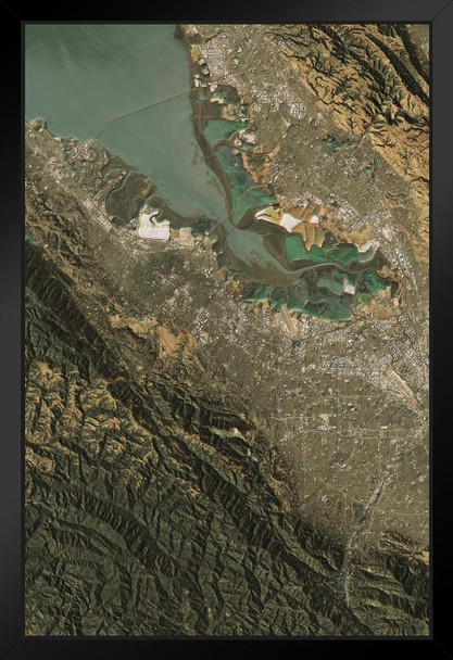 Silicon Valley Satellite View Topographic Map Landscape Photo Art Print Black Wood Framed Poster 14x20