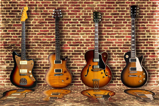 Four Electric Guitars Arranged on Brick Wall Photo Photograph Cool Wall Decor Art Print Poster 36x24