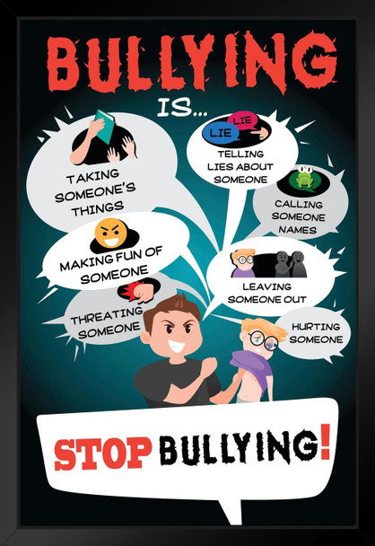Stop Bullying Classroom Sign Kindness Respect Tolerance Good Behavior Educational Teacher Learning Homeschool Chart Display Supplies Teaching Aide Black Wood Framed Art Poster 14x20
