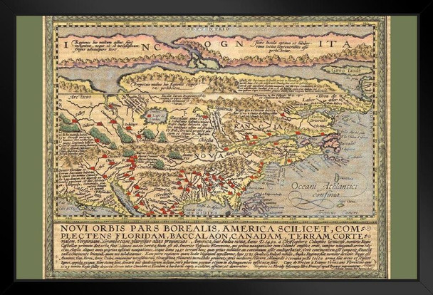 Antique North America Antique Map Circa 1500s Early Colonizers Latin Language Vintage Americas Map Atlantic Ocean Black Wood Framed Art Poster 14x20