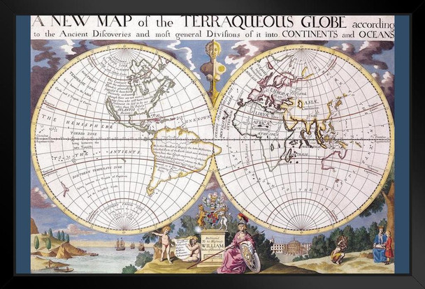 Wells Antique Wold Map of the Terraqueous Globe Dedicated To William Duke of Gloucester 1700s References Columbus Discovery Americas Circa Year 1490 Vintage Black Wood Framed Art Poster 14x20
