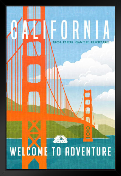 California Welcome To Adventure Retro Travel Art Black Wood Framed Poster 14x20